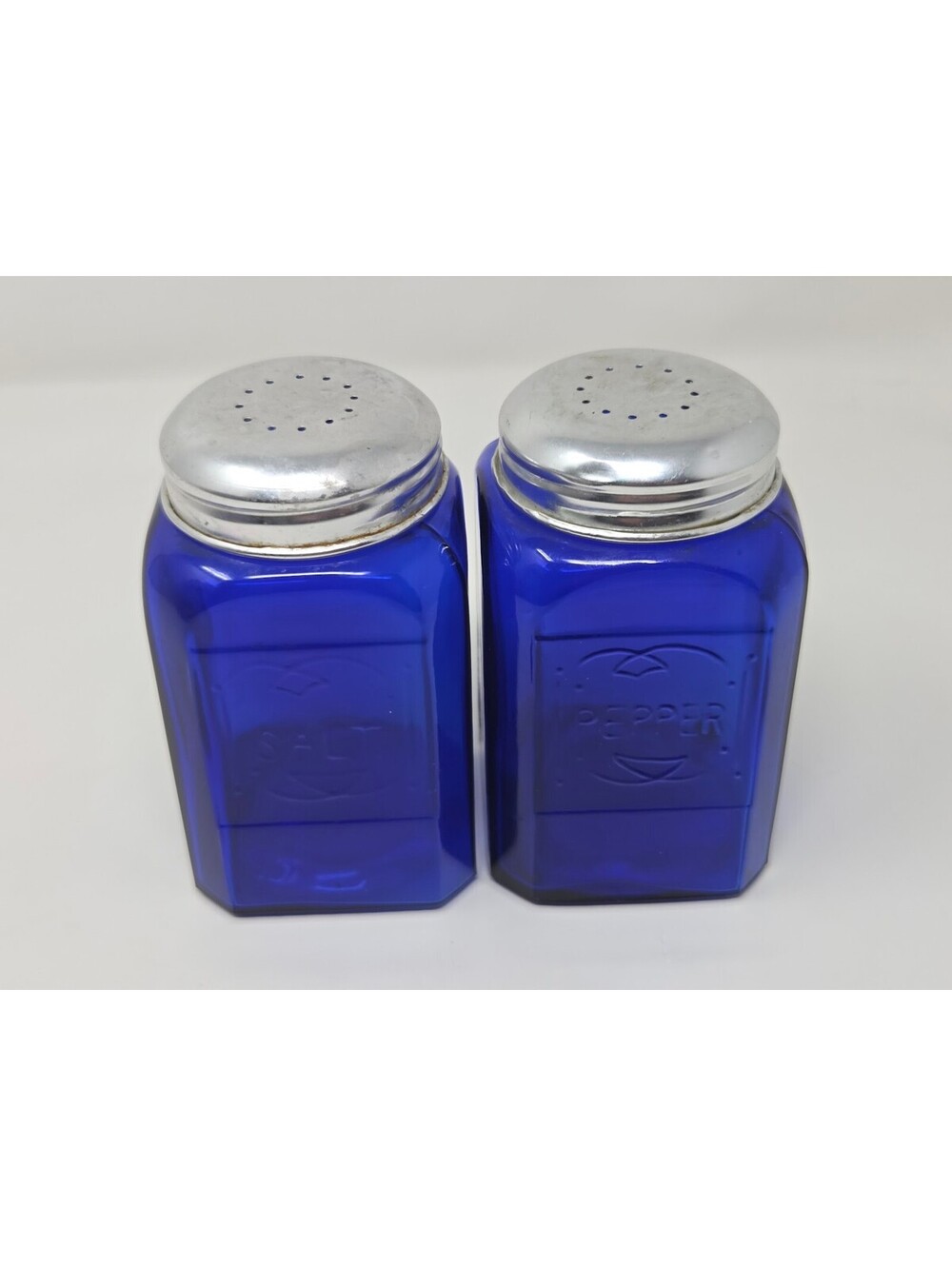 Vintage Cobalt Blue Glass Salt Pepper Shakers With Aluminum Lids Pair Square
